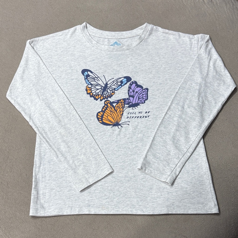 Thereabouts Cool Butterfly Print Kids Long Sleeve Gray Tee Shirt Girls Size L 14